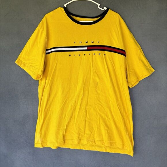 Vintage Tommy Hilfiger Shirt Men's XXL Yellow Short Sleeve Spell Out Skater 90's - Picture 1 of 11